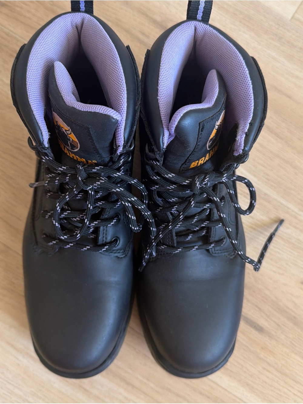 Brahma Black Lace-Up Women's Boots with Lavender Lining steel toe size 7
